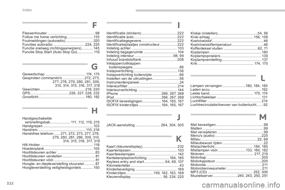 PEUGEOT 4008 2012  Instructieboekje (in Dutch) 322
Index
Flessenhouder................................................r98Follow me home verlichting .......................... 135Foutmeldingen (autoradio)............................320Functies auto