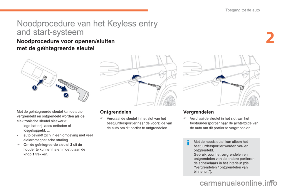 PEUGEOT 4008 2012  Instructieboekje (in Dutch) 67
2
Toegang tot de auto
   
 
 
 
 
Noodprocedure van het Keyless entry 
and start-systeem 
Ontgrendelen
�)   Verdraai de sleutel in het slot van hetbestuurdersportier naar de voorzijde van 
de auto 