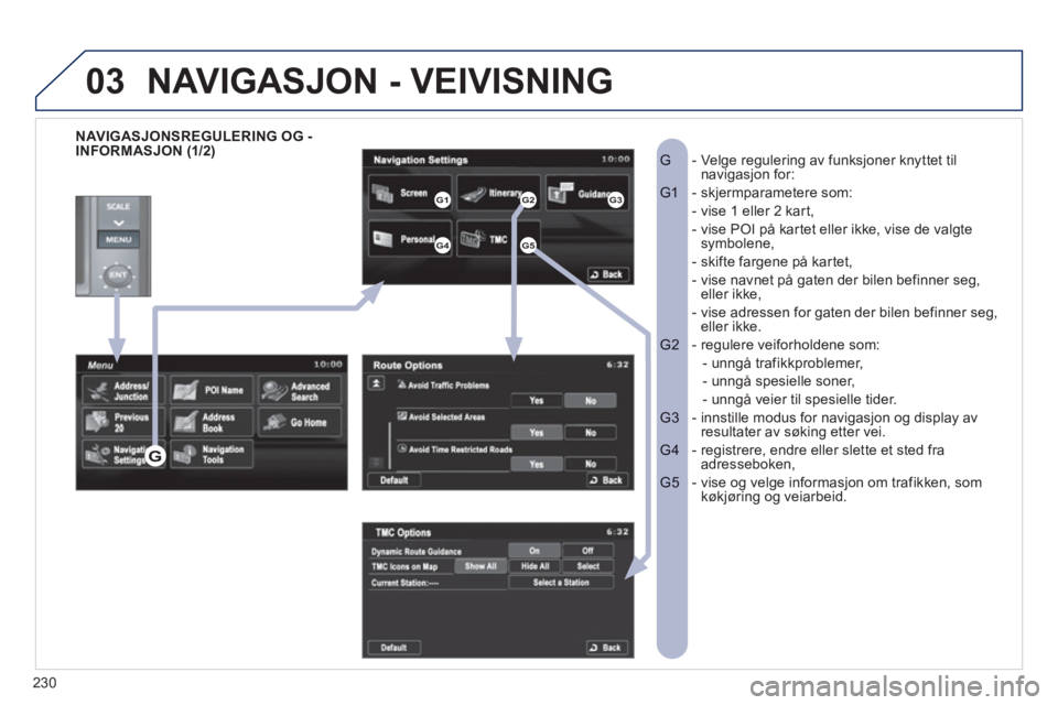PEUGEOT 4008 2012 Instruksjoner for bruk (in Norwegian) 230
03
NAVIGASJONSREGULERING OG -
INFORMASJON (1/2)- Velge regulering av funksjoner knyttet tilG navigasjon for:
- skjermparametere som: G1
- vise 1 eller 2 kart,
- vise POI på kartet el PEUGEOT 4008 2012 Instruksjoner for bruk (in Norwegian) 230
03
NAVIGASJONSREGULERING OG -
INFORMASJON (1/2)- Velge regulering av funksjoner knyttet tilG navigasjon for:
- skjermparametere som: G1
- vise 1 eller 2 kart,
- vise POI på kartet el