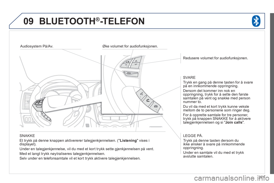 PEUGEOT 4008 2012 Instruksjoner for bruk (in Norwegian) 271
09 BLUETOOTH®-TELEFON
SNAKKE
Et trykk på denne knappen aktivererer talegjenkjennelsen. ("
Listening" vises i
displayet).
Under en tale
gjenkjennelse, vil du med et kort trykk sette gjen PEUGEOT 4008 2012 Instruksjoner for bruk (in Norwegian) 271
09 BLUETOOTH®-TELEFON
SNAKKE
Et trykk på denne knappen aktivererer talegjenkjennelsen. ("
Listening" vises i
displayet).
Under en tale
gjenkjennelse, vil du med et kort trykk sette gjen