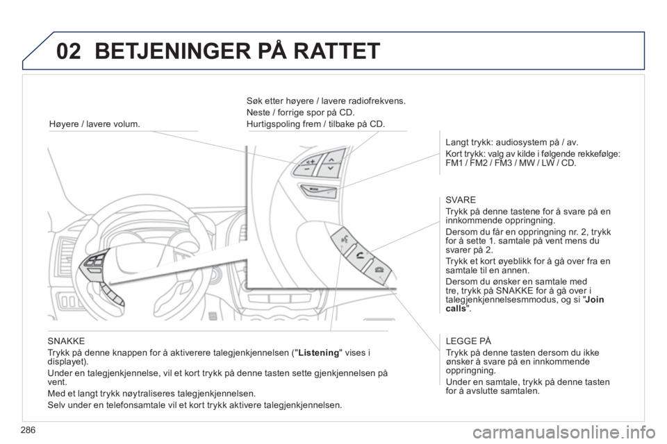 PEUGEOT 4008 2012 Instruksjoner for bruk (in Norwegian) 286
02 BETJENINGER PÅ RATTET
SNAKKE
Tr
ykk på denne knappen for å aktiverere talegjenkjennelsen (" Listening
" vises i
displayet).
Under en tale
gjenkjennelse, vil et kort trykk på denn PEUGEOT 4008 2012 Instruksjoner for bruk (in Norwegian) 286
02 BETJENINGER PÅ RATTET
SNAKKE
Tr
ykk på denne knappen for å aktiverere talegjenkjennelsen (" Listening
" vises i
displayet).
Under en tale
gjenkjennelse, vil et kort trykk på denn