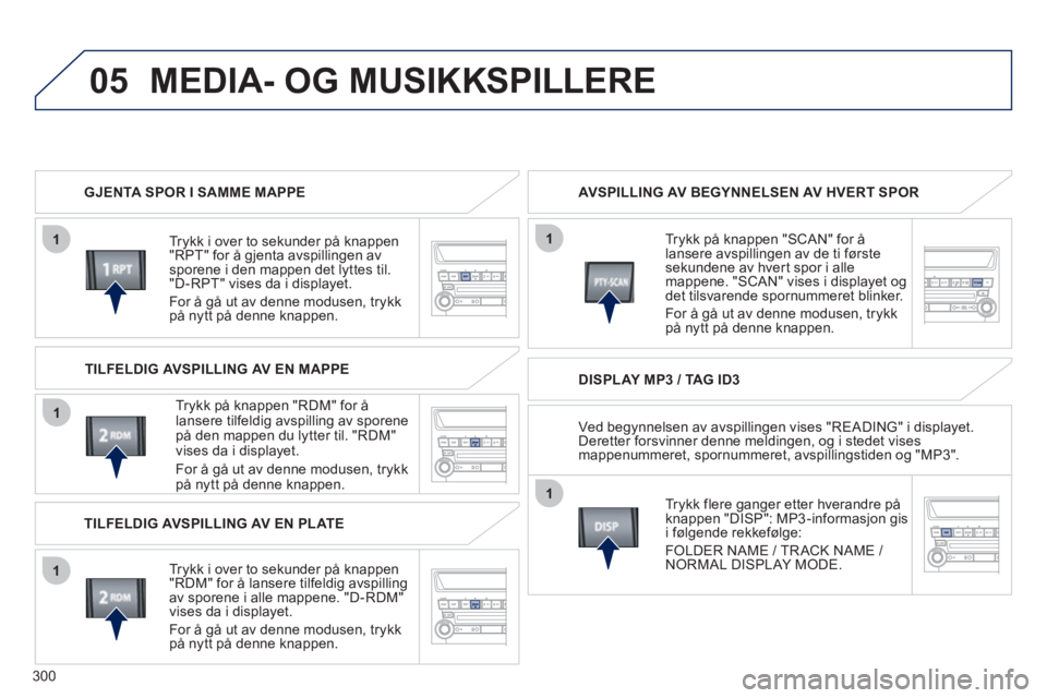 PEUGEOT 4008 2012 Instruksjoner for bruk (in Norwegian) 300
05
1
1
1
1
1
MEDIA- OG MUSIKKSPILLERE
GJENTA SPOR I SAMME MAPPE
Tr
ykk i over to sekunder på knappen
"RPT" for å gjenta avspillingen avsporene i den mappen det lyttes til. "D-RPT" vises PEUGEOT 4008 2012 Instruksjoner for bruk (in Norwegian) 300
05
1
1
1
1
1
MEDIA- OG MUSIKKSPILLERE
GJENTA SPOR I SAMME MAPPE
Tr
ykk i over to sekunder på knappen
"RPT" for å gjenta avspillingen avsporene i den mappen det lyttes til. "D-RPT" vises