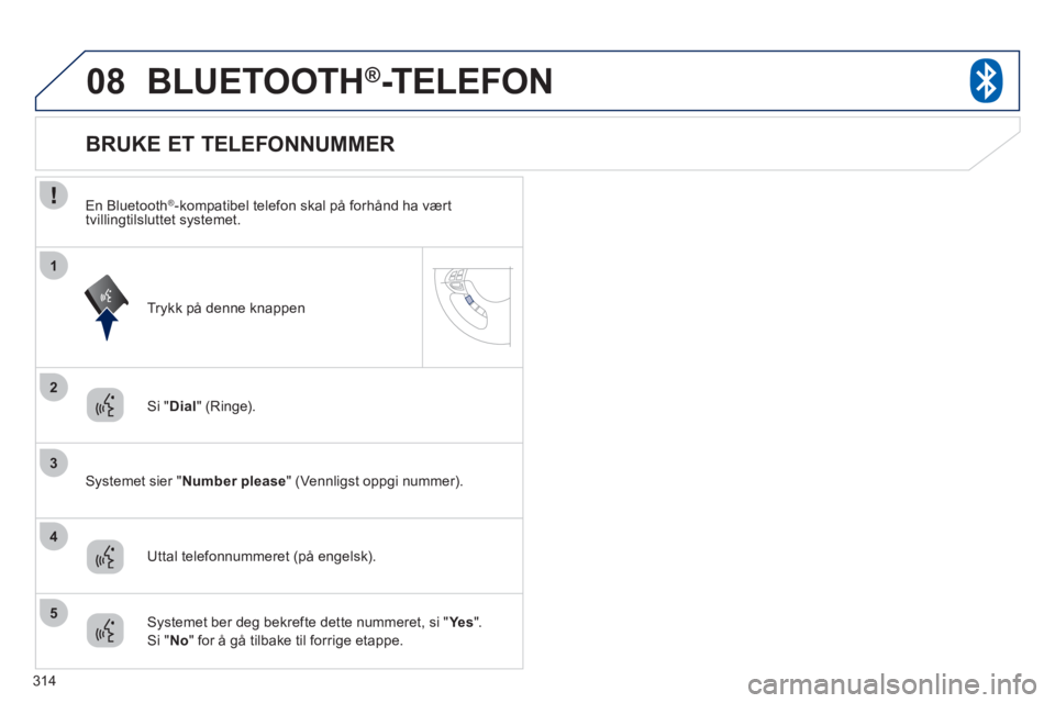 PEUGEOT 4008 2012 Instruksjoner for bruk (in Norwegian) 314
08
2
3
1
4
5
BLUETOOTH®-TELEFON
Si " Dial" (Ringe).
Systemet sier "Number please
" (Vennligst oppgi nummer).
BRUKE ET TELEFONNUMMER
Uttal telefonnummeret (på engelsk). Tr
ykk på denne kna PEUGEOT 4008 2012 Instruksjoner for bruk (in Norwegian) 314
08
2
3
1
4
5
BLUETOOTH®-TELEFON
Si " Dial" (Ringe).
Systemet sier "Number please
" (Vennligst oppgi nummer).
BRUKE ET TELEFONNUMMER
Uttal telefonnummeret (på engelsk). Tr
ykk på denne kna