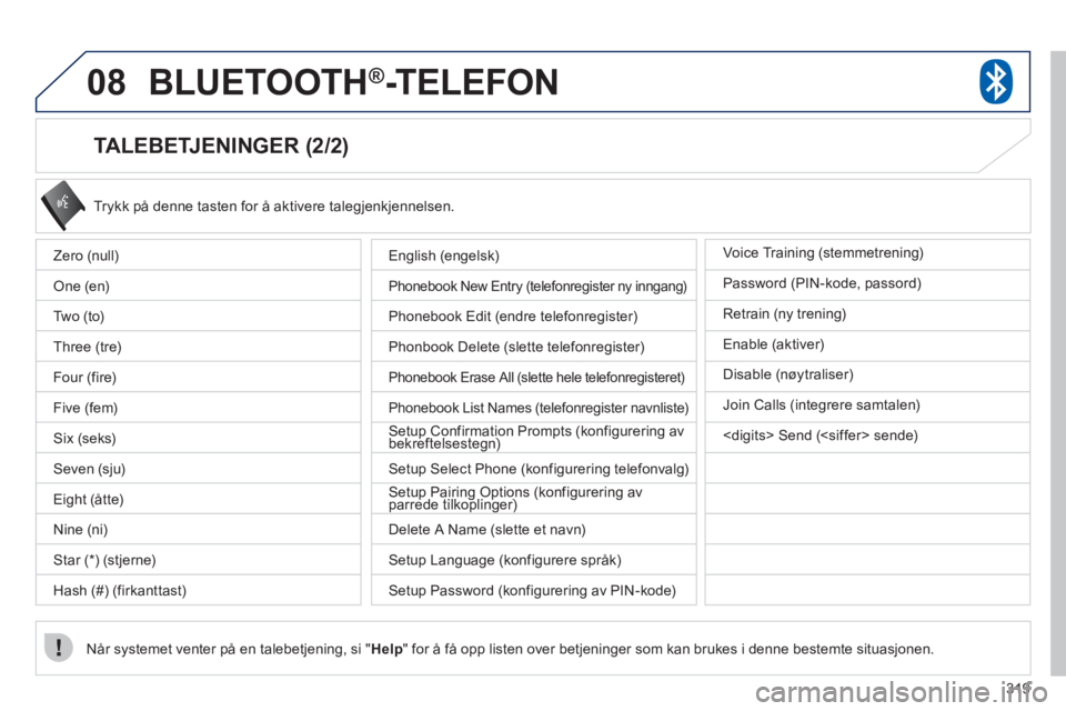 PEUGEOT 4008 2012 Instruksjoner for bruk (in Norwegian) 319
08BLUETOOTH®-TELEFON
TA L E B E TJ E N I N G E R (2/2)
Trykk på denne tasten for å aktivere talegjenkjennelsen.
Når systemet venter på en talebetjening, si " Hel
p
" for å få opp l PEUGEOT 4008 2012 Instruksjoner for bruk (in Norwegian) 319
08BLUETOOTH®-TELEFON
TA L E B E TJ E N I N G E R (2/2)
Trykk på denne tasten for å aktivere talegjenkjennelsen.
Når systemet venter på en talebetjening, si " Hel
p
" for å få opp l