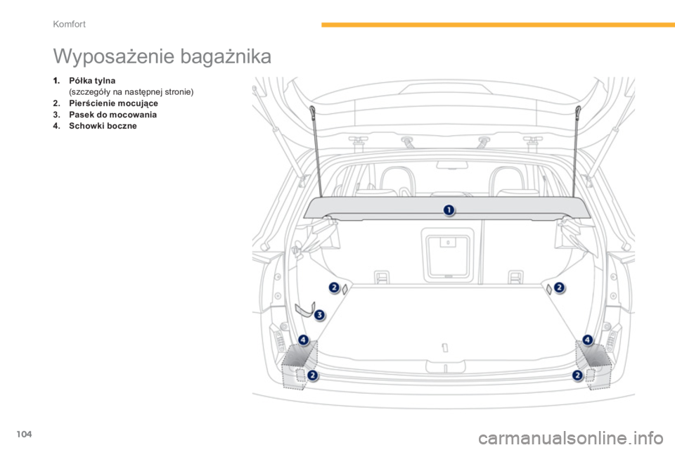 PEUGEOT 4008 2012  Instrukcja obsługi (in Polish) 104
Komfor t
   
 
 
 
 
 
 
 
 
 
 
 
 
 
Wyposażenie bagażnika 
Półka tylna(szc zegóły na następnej stronie) 2.Pierścienie mocujące
3.Pasek do mocowania4.Schowki boczne 