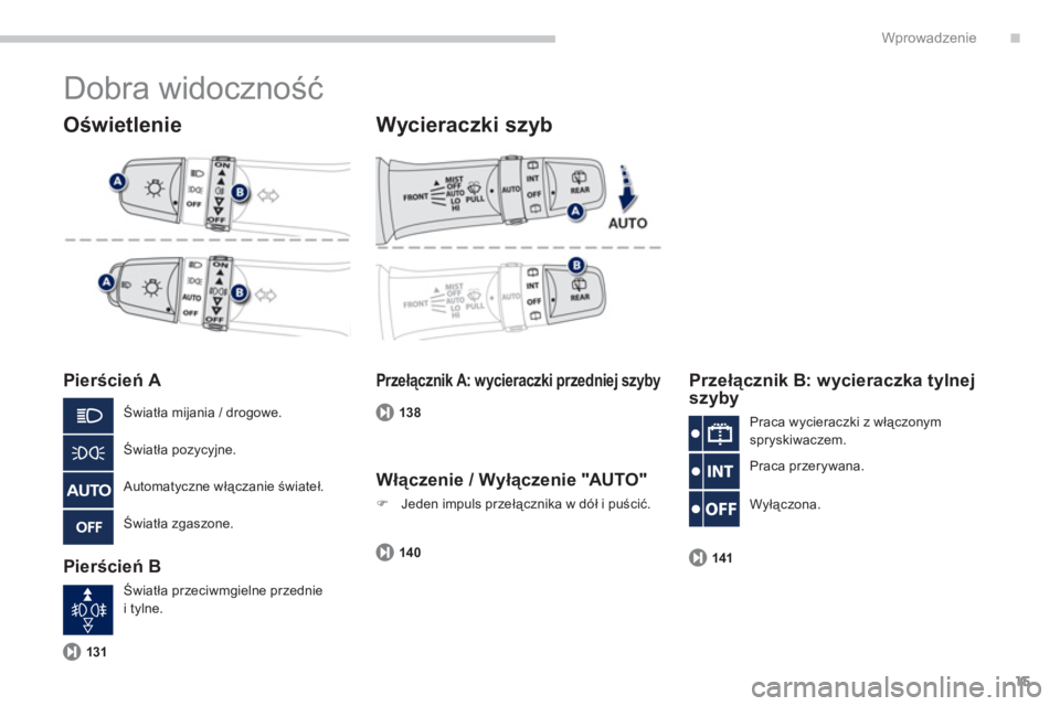 PEUGEOT 4008 2012 Instrukcja obsługi (in Polish) .
15
Wprowadzenie
Dobra widoczność
Oświetlenie
Pierścień A
Pierścień B
Wycieraczki szyb
131
Przełącznik A: wycieraczki przedniej szyby
138
Przełącznik B: wycieraczka t PEUGEOT 4008 2012 Instrukcja obsługi (in Polish) .
15
Wprowadzenie
Dobra widoczność
Oświetlenie
Pierścień A
Pierścień B
Wycieraczki szyb
131
Przełącznik A: wycieraczki przedniej szyby
138
Przełącznik B: wycieraczka t