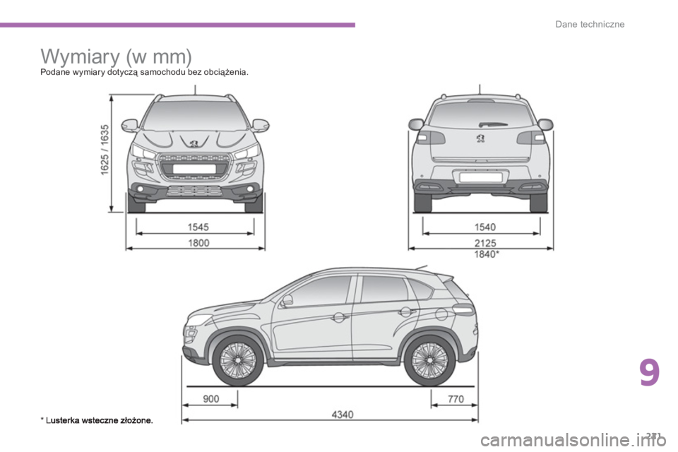 PEUGEOT 4008 2012 Instrukcja obsługi (in Polish) 9
221
Dane techniczne
Wymiary (w mm)
Podane wymiary dotyczą samochodu bez obciążenia.
* L PEUGEOT 4008 2012 Instrukcja obsługi (in Polish) 9
221
Dane techniczne
Wymiary (w mm)
Podane wymiary dotyczą samochodu bez obciążenia.
* L