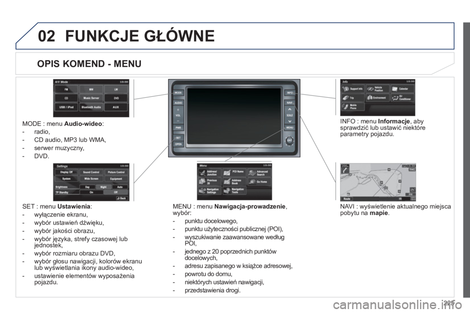 PEUGEOT 4008 2012 Instrukcja obsługi (in Polish) 225
02FUNKCJE GŁÓWNE
MODE : menu Audio-wideo :
- radio,
-
CD audio, MP3 lub WMA,
- serwer muz
yczny,
-
DVD.
MENU : menu Nawigacja-prowadzenie,
wybór:
- pun
ktu docelowego,
- punktu uż
PEUGEOT 4008 2012 Instrukcja obsługi (in Polish) 225
02FUNKCJE GŁÓWNE
MODE : menu Audio-wideo :
- radio,
-
CD audio, MP3 lub WMA,
- serwer muz
yczny,
-
DVD.
MENU : menu Nawigacja-prowadzenie,
wybór:
- pun
ktu docelowego,
- punktu uż