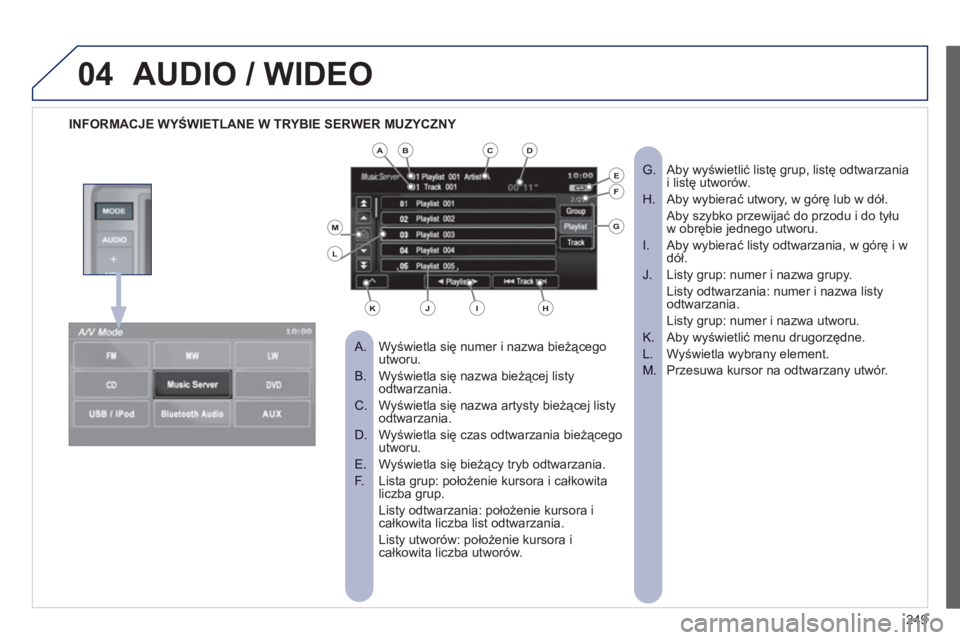 PEUGEOT 4008 2012 Instrukcja obsługi (in Polish) 249
04AUDIO / WIDEO
INFORMACJE WYŚWIETLANE W TRYBIE SERWER MUZYCZNY
Wyświetla się numer i nazwa bieżącego
A. utworu.
Wyświetla się nazwa bieżącej listy B. odtwarzania.
Wyśw PEUGEOT 4008 2012 Instrukcja obsługi (in Polish) 249
04AUDIO / WIDEO
INFORMACJE WYŚWIETLANE W TRYBIE SERWER MUZYCZNY
Wyświetla się numer i nazwa bieżącego
A. utworu.
Wyświetla się nazwa bieżącej listy B. odtwarzania.
Wyśw