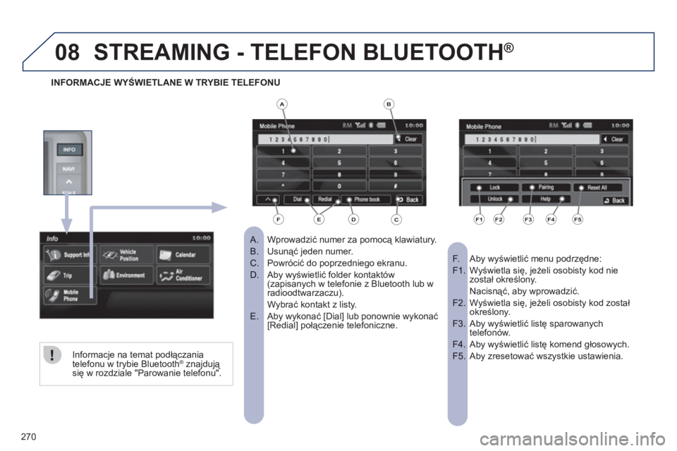 PEUGEOT 4008 2012 Instrukcja obsługi (in Polish) 270
08STREAMING - TELEFON BLUETOOTH®
Wprowadzić numer za pomocą klawiatury.
A.
Usunąć jeden numer. B.
Powrócić do poprzedniego ekranu. C.
Aby wyświetlić folder kontaktów D. (za PEUGEOT 4008 2012 Instrukcja obsługi (in Polish) 270
08STREAMING - TELEFON BLUETOOTH®
Wprowadzić numer za pomocą klawiatury.
A.
Usunąć jeden numer. B.
Powrócić do poprzedniego ekranu. C.
Aby wyświetlić folder kontaktów D. (za