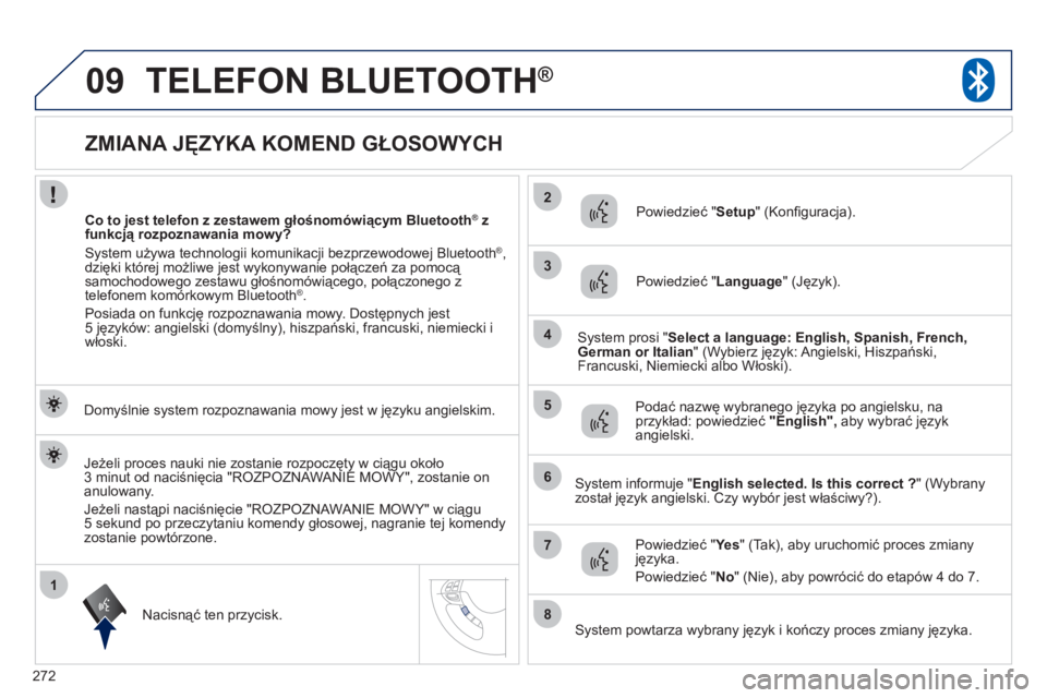 PEUGEOT 4008 2012 Instrukcja obsługi (in Polish) 272
1
2
3
09
4
5
6
7
8
ZMIANA JĘZYKA KOMEND GŁOSOWYCH
TELEFON BLUETOOTH®
Domyślnie system rozpoznawania mowy jest w języku angielskim.
Nacisnąć ten przycisk PEUGEOT 4008 2012 Instrukcja obsługi (in Polish) 272
1
2
3
09
4
5
6
7
8
ZMIANA JĘZYKA KOMEND GŁOSOWYCH
TELEFON BLUETOOTH®
Domyślnie system rozpoznawania mowy jest w języku angielskim.
Nacisnąć ten przycisk