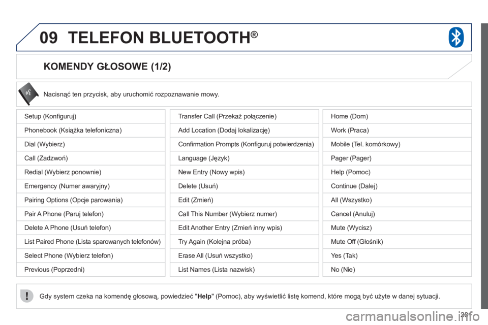 PEUGEOT 4008 2012 Instrukcja obsługi (in Polish) 281
09TELEFON BLUETOOTH®
KOMENDY GŁOSOWE (1/2)
Setup (Konfi guruj)
Phonebook (Książka telefoniczna)
Dial
(Wybierz)
Call (Zadzwoń)
Redial (Wybierz ponownie)
E PEUGEOT 4008 2012 Instrukcja obsługi (in Polish) 281
09TELEFON BLUETOOTH®
KOMENDY GŁOSOWE (1/2)
Setup (Konfi guruj)
Phonebook (Książka telefoniczna)
Dial
(Wybierz)
Call (Zadzwoń)
Redial (Wybierz ponownie)
E