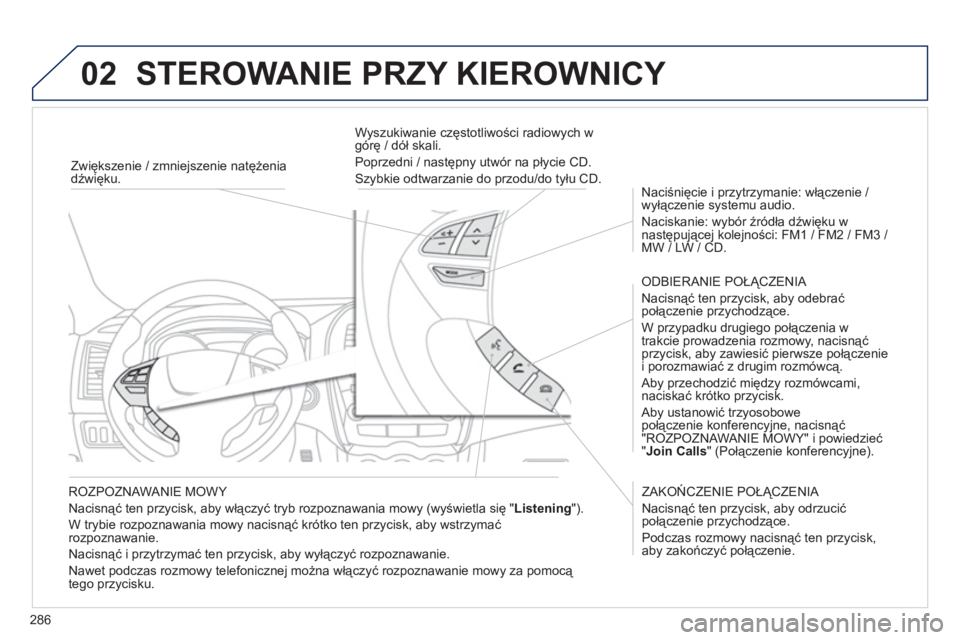 PEUGEOT 4008 2012 Instrukcja obsługi (in Polish) 286
02 STEROWANIE PRZY KIEROWNICY
ROZPOZNAWANIE MOWY
Nacisnąć ten przycisk, aby włączyć tryb rozpoznawania mowy
(wyświetla się " Listening
").
W trybie rozpoznawania mowy nacisną PEUGEOT 4008 2012 Instrukcja obsługi (in Polish) 286
02 STEROWANIE PRZY KIEROWNICY
ROZPOZNAWANIE MOWY
Nacisnąć ten przycisk, aby włączyć tryb rozpoznawania mowy
(wyświetla się " Listening
").
W trybie rozpoznawania mowy nacisną