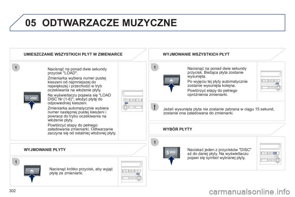 PEUGEOT 4008 2012 Instrukcja obsługi (in Polish) 302
05
1
1
1
1
ODTWARZACZE MUZYCZNE
UMIESZCZANIE WSZYSTKICH PŁYT W ZMIENIARCE
Nacisnąć na ponad dwie sekundy
przycisk "LOAD".
Zmieniarka wybiera numer pustej
kieszeni od najmniejszej do
n PEUGEOT 4008 2012 Instrukcja obsługi (in Polish) 302
05
1
1
1
1
ODTWARZACZE MUZYCZNE
UMIESZCZANIE WSZYSTKICH PŁYT W ZMIENIARCE
Nacisnąć na ponad dwie sekundy
przycisk "LOAD".
Zmieniarka wybiera numer pustej
kieszeni od najmniejszej do
n