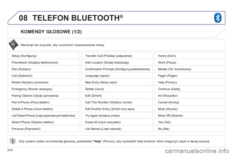 PEUGEOT 4008 2012 Instrukcja obsługi (in Polish) 318
08TELEFON BLUETOOTH®
KOMENDY GŁOSOWE (1/2)
Setup (Konfi guruj)
Phonebook
(Książka telefoniczna)
Dial (Wybierz)
Call
(Zadzwoń)
Redial (Wybierz ponownie)
PEUGEOT 4008 2012 Instrukcja obsługi (in Polish) 318
08TELEFON BLUETOOTH®
KOMENDY GŁOSOWE (1/2)
Setup (Konfi guruj)
Phonebook
(Książka telefoniczna)
Dial (Wybierz)
Call
(Zadzwoń)
Redial (Wybierz ponownie)