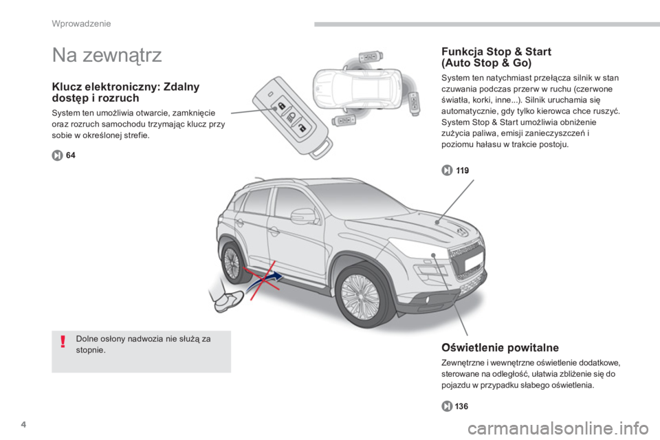 PEUGEOT 4008 2012  Instrukcja obsługi (in Polish) 4
Wprowadzenie
Klucz elektroniczny: Zdalny 
dostęp i rozruch 
System ten umożliwia otwarcie, zamknięcie
oraz rozruch samochodu trzymając klucz przy sobie w określonej strefie. 
6
4
   
Oświetlen