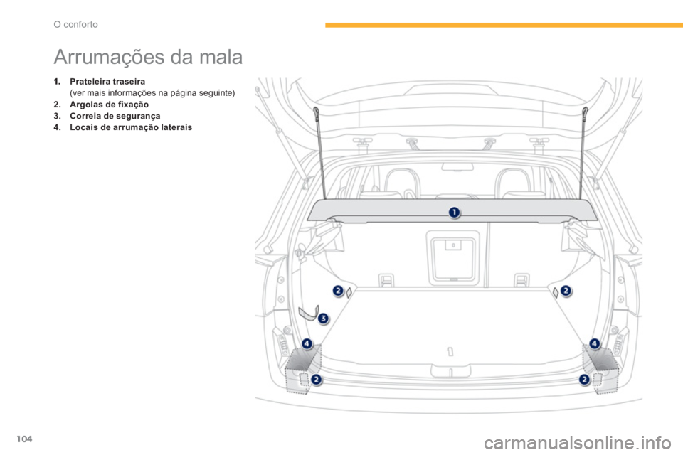 PEUGEOT 4008 2012  Manual de utilização (in Portuguese) 104
O conforto
   
 
 
 
 
 
 
 
 
 
 
 
 
 
Arrumações da mala 
Prateleira traseira(ver mais informações na página seguinte)2.Argolas de fixação
3.Correia de segurança4.Locais de arrumação 