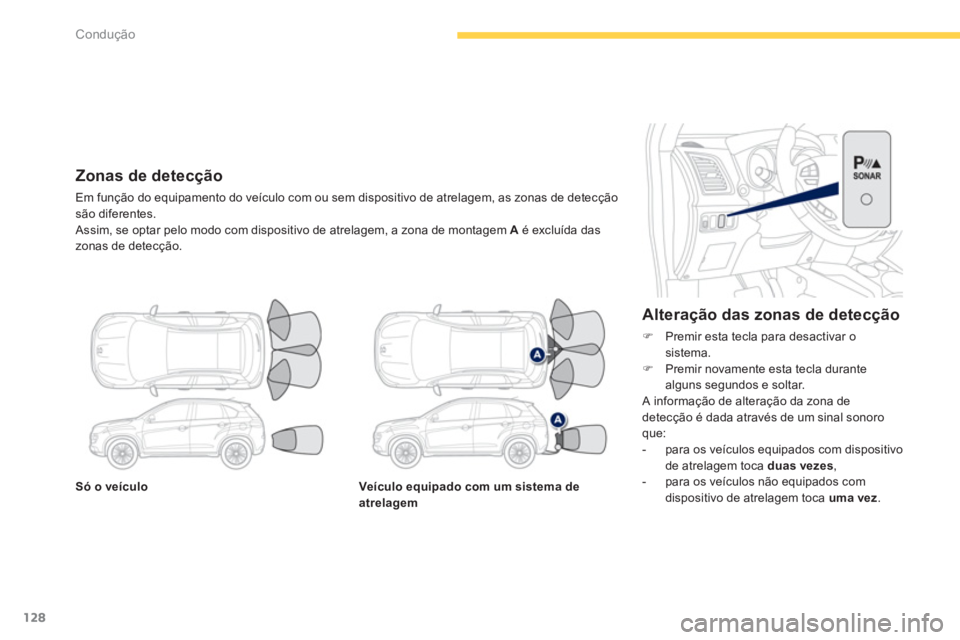 PEUGEOT 4008 2012  Manual de utilização (in Portuguese) 128
Condução
Só o veículoVeículo equipado com um sistema de 
atrelagem
   Alteração das zonas de detecção 
�)Premir esta tecla para desactivar o sistema. �)Premir novamente esta tecla durante