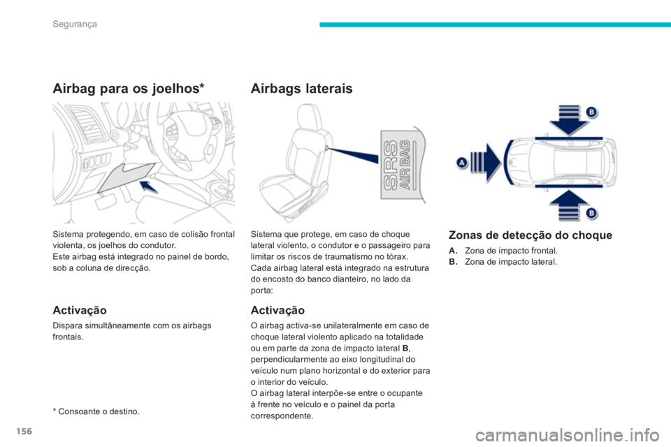PEUGEOT 4008 2012  Manual de utilização (in Portuguese) 156
Segurança
Airbag para os joelhos *   
Activação
Dispara simultâneamente com os airbags frontais.
Sistema protegendo, em caso de colisão frontal 
violenta, os joelhos do condutor.
Este airbag 
