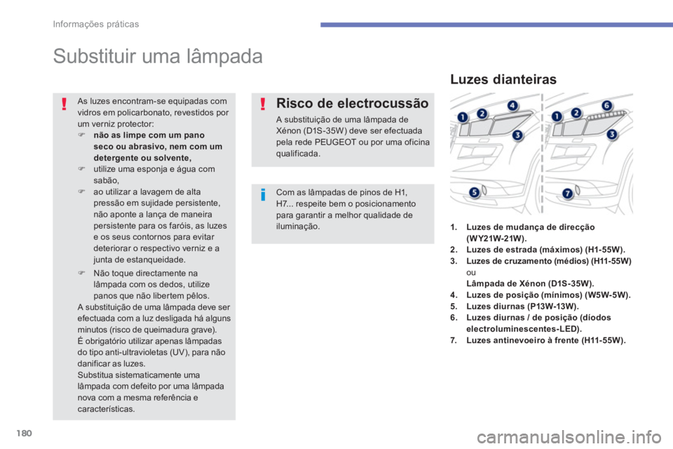 PEUGEOT 4008 2012  Manual de utilização (in Portuguese) 180
Informações práticas
   
 
 
 
 
 
 
 
Substituir uma lâmpada 
Com as lâmpadas de pinos de H1,H7... respeite bem o posicionamento para garantir a melhor qualidade deiluminação.  
 As luzes 