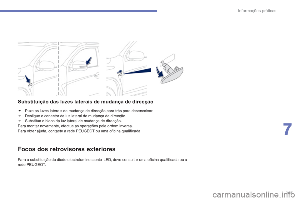 PEUGEOT 4008 2012  Manual de utilização (in Portuguese) 183
7
Informações práticas
Puxe as luzes laterais de mudança de direcção para trás para desencaixar. �)Desligue o conector da luz lateral de mudança de direcção. 
�)Substitua o bloco da luz 