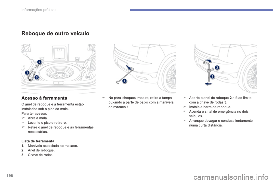 PEUGEOT 4008 2012  Manual de utilização (in Portuguese) 198
Informações práticas
Reboque de outro veículo
�)   No pára-choques traseiro, retire a tampa puxando a par te de baixo com a manivela do macaco 1.
�)Aper te o anel de reboque2 até ao limiteco