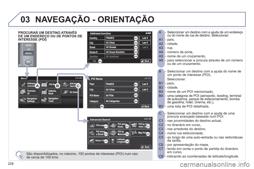 PEUGEOT 4008 2012 Manual de utilização (in Portuguese) 228
03
- Seleccion B ar um destino com a ajuda do nome deum ponto de interesse (POI).
Selec cionar:- país, B1 - cidade, B2 - nome de um POI memorizado, B3 - uma categoria de POI (aeroporto PEUGEOT 4008 2012 Manual de utilização (in Portuguese) 228
03
- Seleccion B ar um destino com a ajuda do nome deum ponto de interesse (POI).
Selec cionar:- país, B1 - cidade, B2 - nome de um POI memorizado, B3 - uma categoria de POI (aeroporto