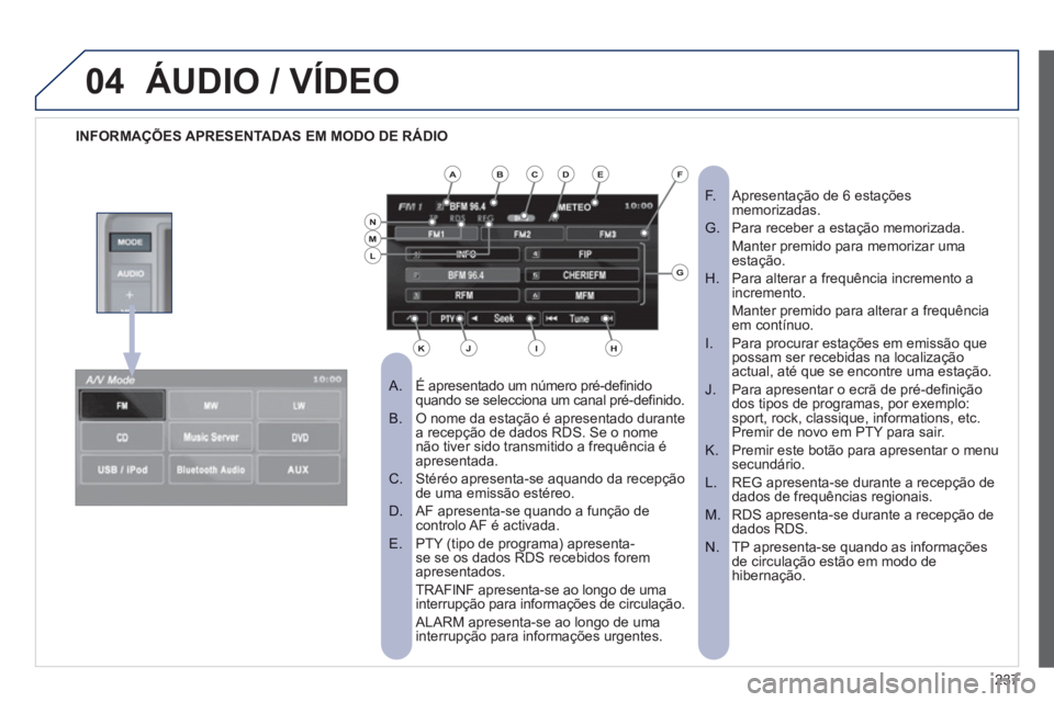 PEUGEOT 4008 2012 Manual de utilização (in Portuguese) 237
04ÁUDIO / VÍDEO
INFORMAÇÕES APRESENTADAS EM MODO DE RÁDIO
É apresentado um número pré-definido
A. quando se selecciona um canal pré-definido.
O nome da estação é apresentado PEUGEOT 4008 2012 Manual de utilização (in Portuguese) 237
04ÁUDIO / VÍDEO
INFORMAÇÕES APRESENTADAS EM MODO DE RÁDIO
É apresentado um número pré-definido
A. quando se selecciona um canal pré-definido.
O nome da estação é apresentado