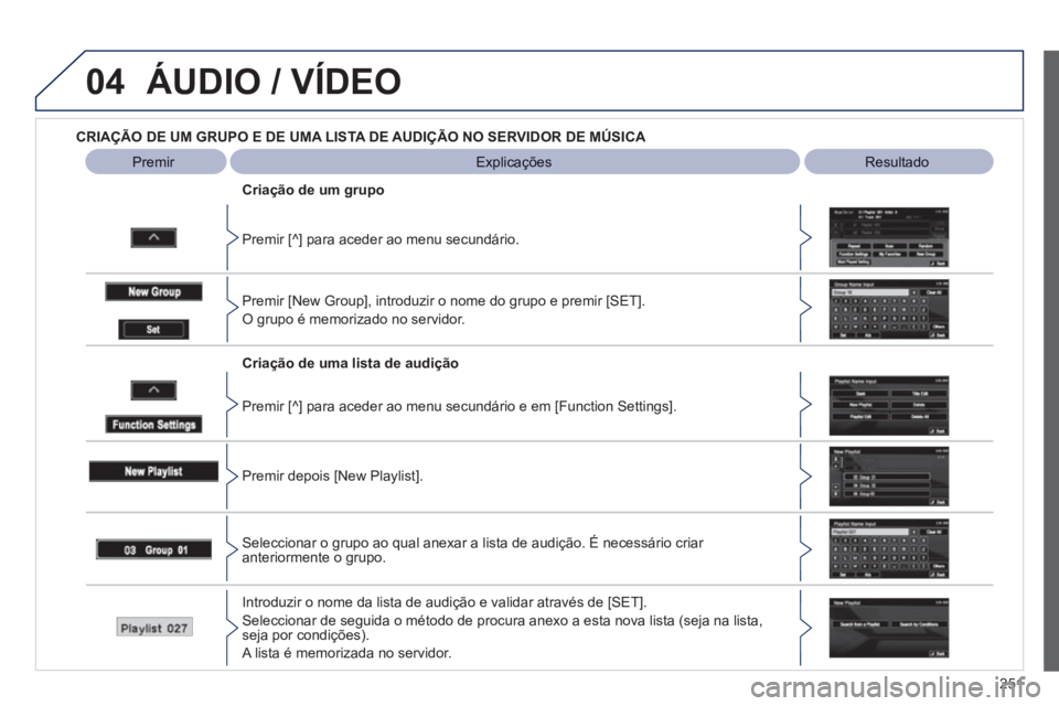 PEUGEOT 4008 2012  Manual de utilização (in Portuguese) 251
04ÁUDIO / VÍDEO
CRIAÇÃO DE UM GRUPO E DE UMA LISTA DE AUDIÇÃO NO SERVIDOR DE MÚSICA   
Explicações   
 Resultado 
 
   
Premir [
^] para aceder ao menu secundário.      
Criação de um 