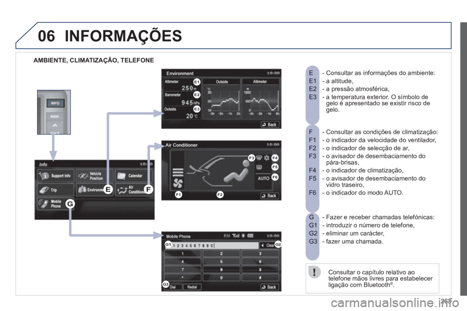 PEUGEOT 4008 2012 Manual de utilização (in Portuguese) 263
06INFORMAÇÕES
AMBIENTE, CLIMATIZAÇÃO, TELEFONE
- Consultar as condições de climatização:F
- o indicador da velocidade do ventilador, F1
- o indicador de selecção de ar, F2
- o a PEUGEOT 4008 2012 Manual de utilização (in Portuguese) 263
06INFORMAÇÕES
AMBIENTE, CLIMATIZAÇÃO, TELEFONE
- Consultar as condições de climatização:F
- o indicador da velocidade do ventilador, F1
- o indicador de selecção de ar, F2
- o a