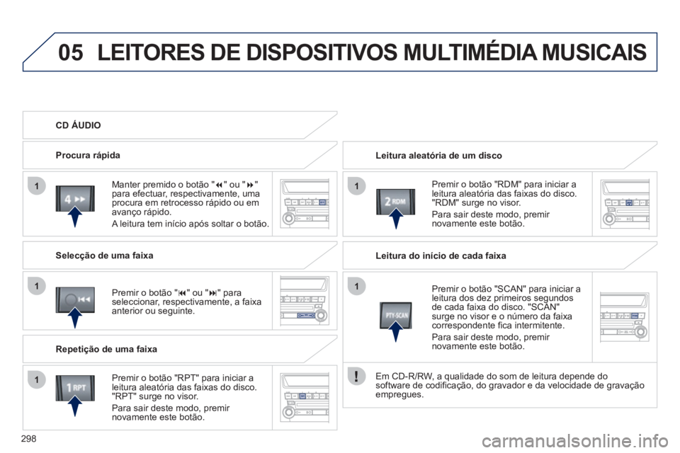 PEUGEOT 4008 2012 Manual de utilização (in Portuguese) 298
05
11
1
1
1
LEITORES DE DISPOSITIVOS MULTIMÉDIA MUSICAIS
Leitura aleatória de um disco
Premir o botão "RDM"
para iniciar aleitura aleatória das faixas do disco. "RDM" surge no visor. PEUGEOT 4008 2012 Manual de utilização (in Portuguese) 298
05
11
1
1
1
LEITORES DE DISPOSITIVOS MULTIMÉDIA MUSICAIS
Leitura aleatória de um disco
Premir o botão "RDM"
para iniciar aleitura aleatória das faixas do disco. "RDM" surge no visor.