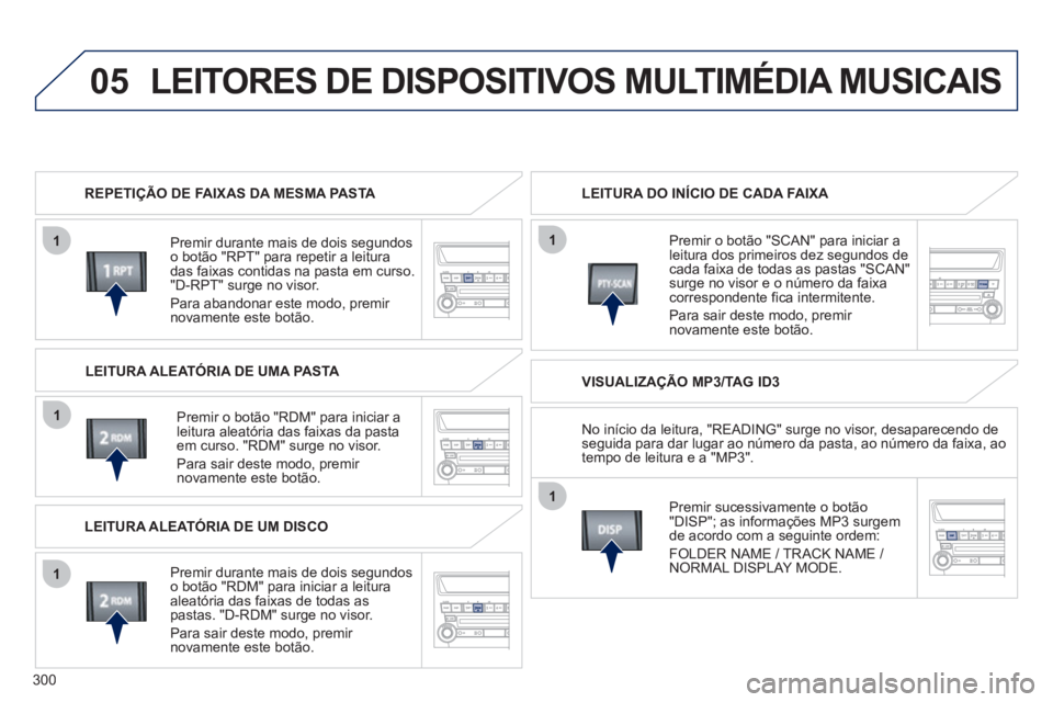 PEUGEOT 4008 2012 Manual de utilização (in Portuguese) 300
05
1
1
1
1
1
LEITORES DE DISPOSITIVOS MULTIMÉDIA MUSICAIS
REPETIÇÃO DE FAIXAS DA MESMA PASTA
Premir durante mais de dois se
gundoso botão "RPT" para repetir a leitura
das faixas conti PEUGEOT 4008 2012 Manual de utilização (in Portuguese) 300
05
1
1
1
1
1
LEITORES DE DISPOSITIVOS MULTIMÉDIA MUSICAIS
REPETIÇÃO DE FAIXAS DA MESMA PASTA
Premir durante mais de dois se
gundoso botão "RPT" para repetir a leitura
das faixas conti