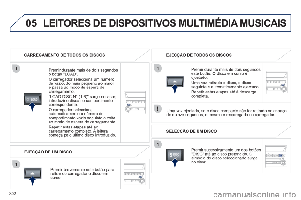 PEUGEOT 4008 2012 Manual de utilização (in Portuguese) 302
05
1
1
1
1
LEITORES DE DISPOSITIVOS MULTIMÉDIA MUSICAIS
CARREGAMENTO DE TODOS OS DISCOS
Premir durante mais de dois segundoso botão "LOAD".
O carregador selecciona um número
de vazio, PEUGEOT 4008 2012 Manual de utilização (in Portuguese) 302
05
1
1
1
1
LEITORES DE DISPOSITIVOS MULTIMÉDIA MUSICAIS
CARREGAMENTO DE TODOS OS DISCOS
Premir durante mais de dois segundoso botão "LOAD".
O carregador selecciona um número
de vazio,