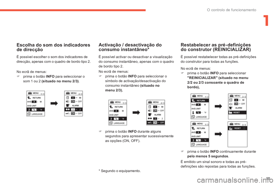 PEUGEOT 4008 2012  Manual de utilização (in Portuguese) 1
53
O controlo de funcionamento
 No ecrã de menus:�)   prima o botão INFOpara seleccionar "REINICIALIZAR" (situado no menu 2/2 ou 2/3 consoante o quadro debordo),
 
 
 
Restabelecer as pré-defini