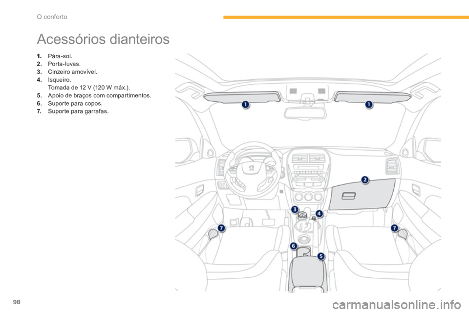 PEUGEOT 4008 2012  Manual de utilização (in Portuguese) 98
O conforto
   
 
 
 
 
 
 
 
 
 
 
 
 
 
 
 
 
 
 
 
 
 
 
Acessórios dianteiros 
 
 Pára-sol.2. 
 Porta-luvas. 3. 
 Cinzeiro amovível.
4. 
 Isqueiro.  
Tomada de 12 V (120 W máx.). 5.   Apoio 