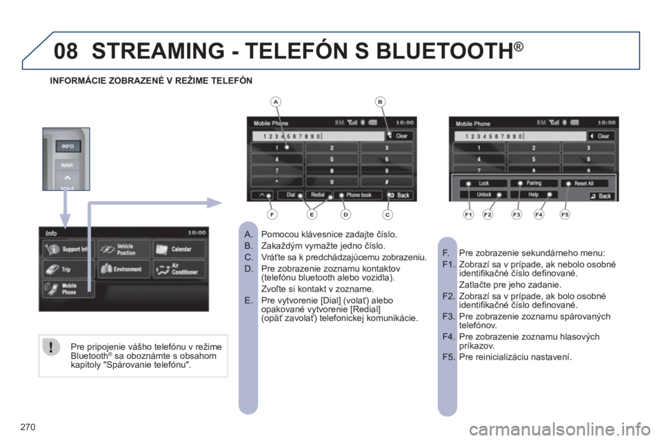 PEUGEOT 4008 2012  Návod na použitie (in Slovakian) 270
08STREAMING - TELEFÓN S BLUETOOTH ®
Pomocou klávesnice zadajte číslo.    
 
 
A.  
Zakaždým vymažte jedno číslo.B.  
Vráťte sa k predchádzajúcemu zobrazeniu. C.  
Pre zobrazenie zozn