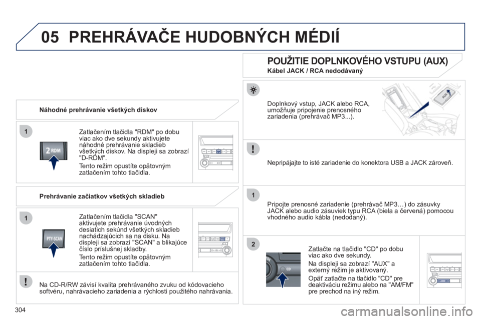 PEUGEOT 4008 2012  Návod na použitie (in Slovakian) 304
05
1
1
1
2
PREHRÁVAČE HUDOBNÝCH MÉDIÍ 
 
 
Náhodné prehrávanie všetkých diskov
Zatla
čen
