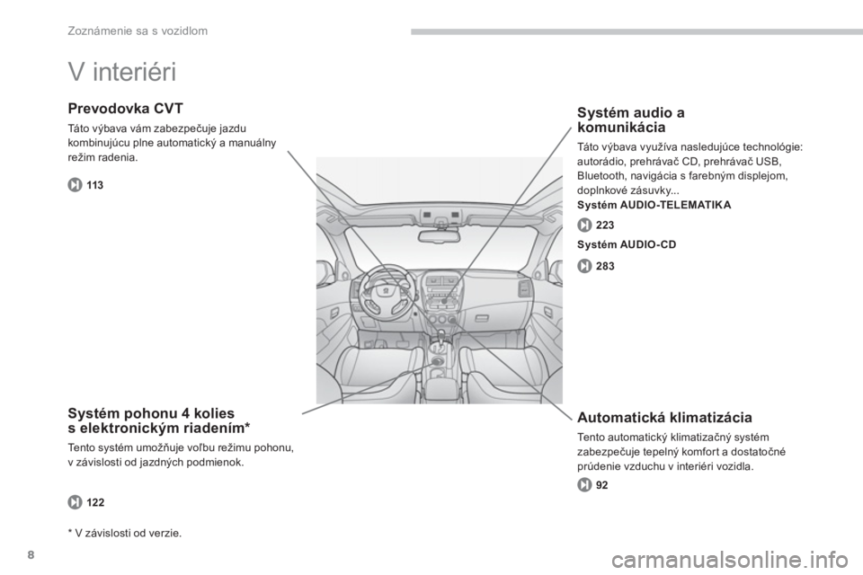 PEUGEOT 4008 2012  Návod na použitie (in Slovakian) 8
Zoznámenie sa s vozidlom
  V interiéri  
Systém pohonu 4 kolies
s elektronickým riadením *  
Tento systém umožňuje voľbu režimu pohonu,
v závislosti od jazdných podmienok.
Prevodovka CVT