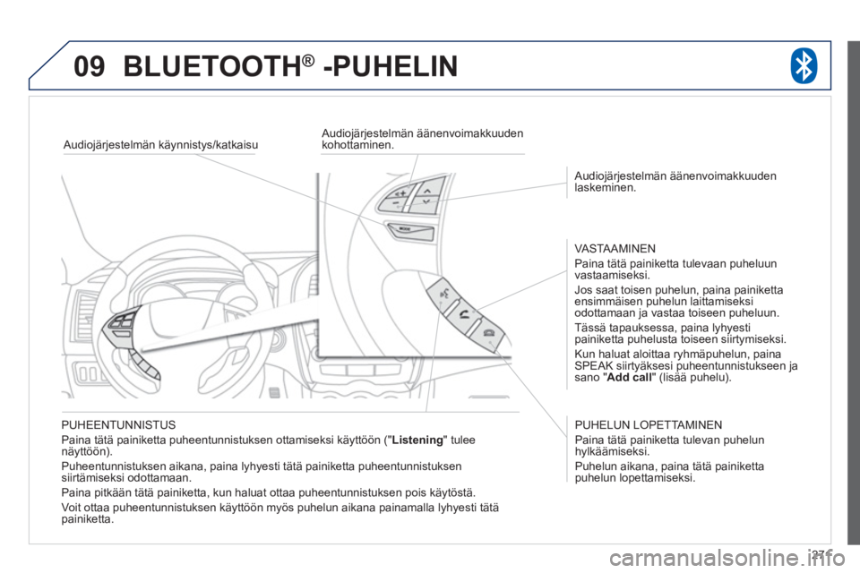 PEUGEOT 4008 2012  Omistajan Käsikirja (in Finnish) 271
09BLUETOOTH ®   -PUHELIN®
   
PUHEENTUNNISTUS
 
Paina tätä painiketta puheentunnistuksen ottamiseksi käyttöön (" Listening 
" tuleenäyttöön). 
  Puheentunnistuksen aikana, paina l
yhyest