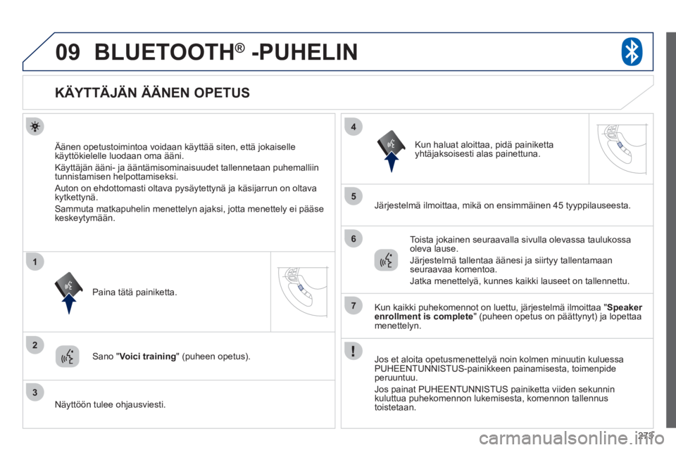 PEUGEOT 4008 2012  Omistajan Käsikirja (in Finnish) 273
09
2
3
1
4
5
6
7
BLUETOOTH®   -PUHELIN®
   
 
 
 
 
 
 
 
 
 
 
 
 
 
KÄYTTÄJÄN ÄÄNEN OPETUS 
 
 
Äänen opetustoimintoa voidaan käyttää siten, että jokaiselle käyttökielelle luodaan