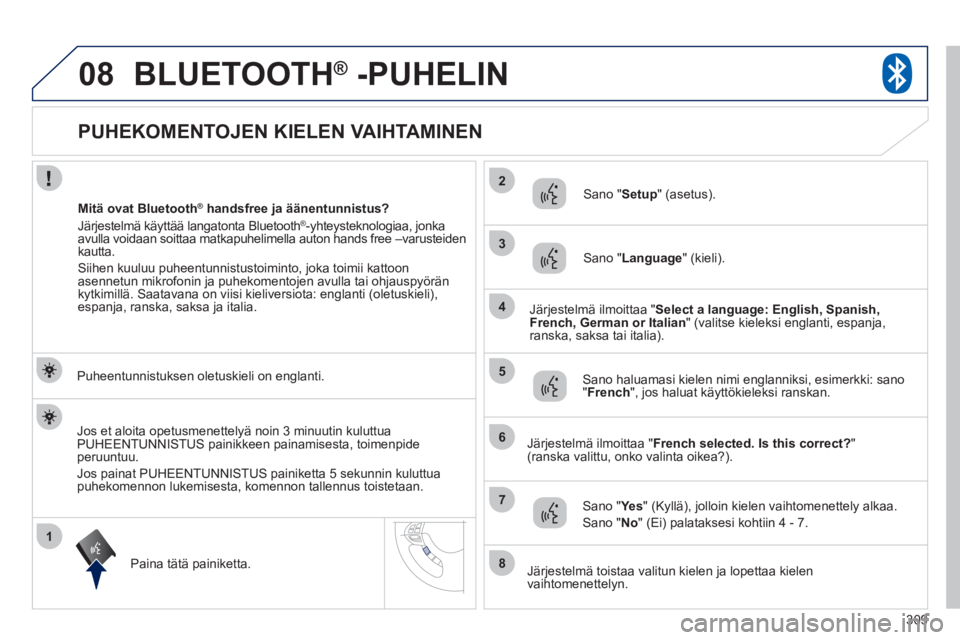 PEUGEOT 4008 2012  Omistajan Käsikirja (in Finnish) 309
1
2
3
08
4
5
6
7
8
   
 
 
 
 
 
 
 
 
 
 
 
 
 
 
 
 
 
PUHEKOMENTOJEN KIELEN VAIHTAMINEN 
BLUETOOTH® 
 -PUHELIN®
 
 
Puheentunnistuksen oletuskieli on englanti.
Paina t
ätä painiketta.   
Sa