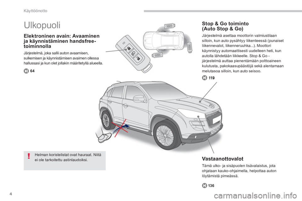PEUGEOT 4008 2012 Omistajan Käsikirja (in Finnish) 4
Käyttöönotto
Elektroninen avain: Avaaminen ja käynnistäminen handsfree-toiminnolla
Järjestelmä, joka sallii auton avaamisen, sulkemisen ja käynnistämisen avaimen ollessahallussasi ja kun ol PEUGEOT 4008 2012 Omistajan Käsikirja (in Finnish) 4
Käyttöönotto
Elektroninen avain: Avaaminen ja käynnistäminen handsfree-toiminnolla
Järjestelmä, joka sallii auton avaamisen, sulkemisen ja käynnistämisen avaimen ollessahallussasi ja kun ol
