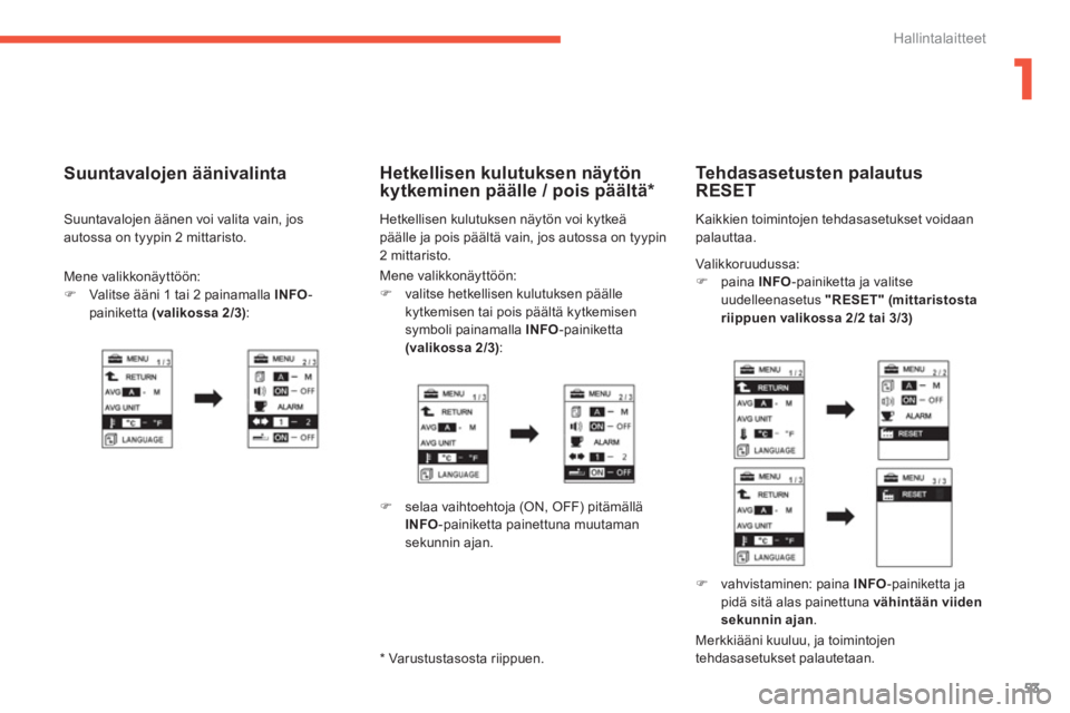 PEUGEOT 4008 2012  Omistajan Käsikirja (in Finnish) 1
53
Hallintalaitteet
 Valikkoruudussa:�)   paina INFO 
-painiketta ja valitseuudelleenasetus "RESET"(mittaristostariippuenvalikossa 2/2 tai 3/3)
 
 
 Tehdasasetusten palautus 
RESET
  Kaikkien toimin