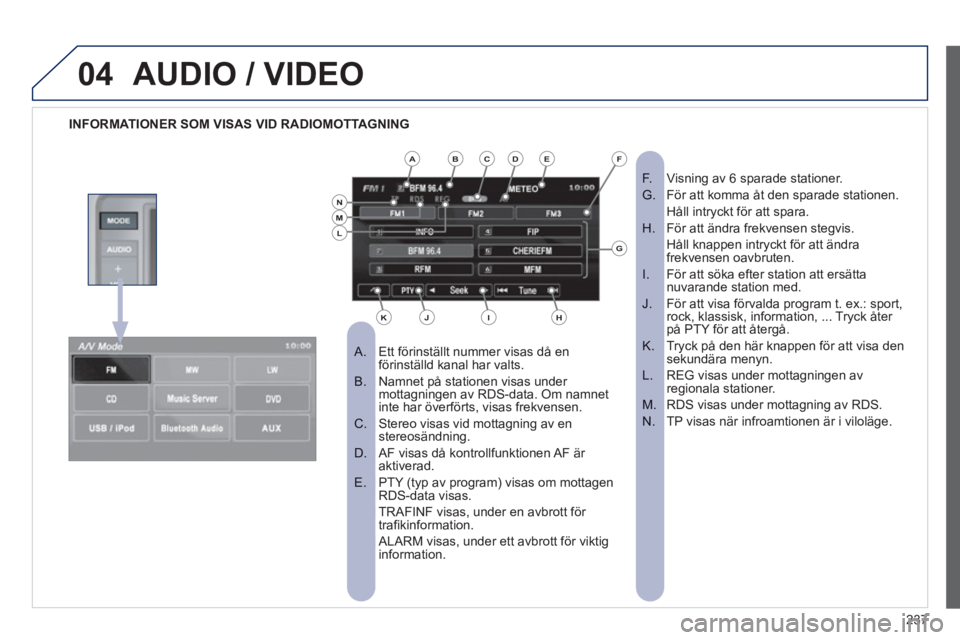 PEUGEOT 4008 2012 Bruksanvisningar (in Swedish) 237
04AUDIO / VIDEO
INFORMATIONER SOM VISAS VID RADIOMOTTAGNING
Ett förinställt nummer visas då en
A. förinställd kanal har valts.
Namnet på stationen visas under
B. mottagningen a PEUGEOT 4008 2012 Bruksanvisningar (in Swedish) 237
04AUDIO / VIDEO
INFORMATIONER SOM VISAS VID RADIOMOTTAGNING
Ett förinställt nummer visas då en
A. förinställd kanal har valts.
Namnet på stationen visas under
B. mottagningen a