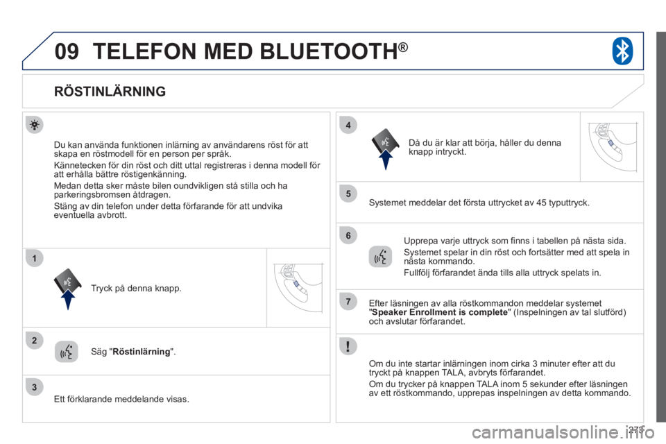 PEUGEOT 4008 2012 Bruksanvisningar (in Swedish) 273
09
2
3
1
4
5
6
7
TELEFON MED BLUETOOTH®
RÖSTINLÄRNING
Du kan använda funktionen inlärning av användarens röst för att
skapa en röstmodell för en person pe PEUGEOT 4008 2012 Bruksanvisningar (in Swedish) 273
09
2
3
1
4
5
6
7
TELEFON MED BLUETOOTH®
RÖSTINLÄRNING
Du kan använda funktionen inlärning av användarens röst för att
skapa en röstmodell för en person pe