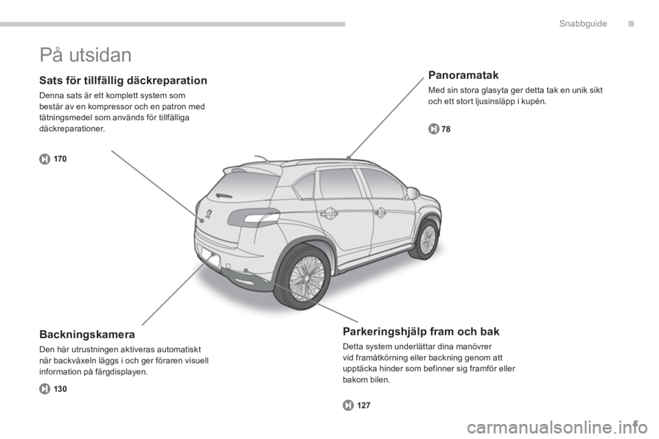 PEUGEOT 4008 2012  Bruksanvisningar (in Swedish) .
5
Snabbguide
   
Sats för tillfällig däckreparation
 
Denna sats är ett komplett system som
består av en kompressor och en patron med
tätnin
gsmedel som används för tillfälliga däckreparat