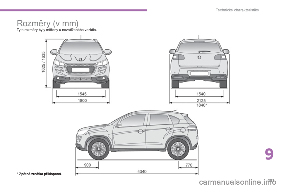 PEUGEOT 4008 2012  Návod na použití (in Czech) 9
221
Technické charakteristiky
   
 
 
 
 
Rozměry (v mm)  
Ty t o  r o z měr y byly měřeny u nezat
