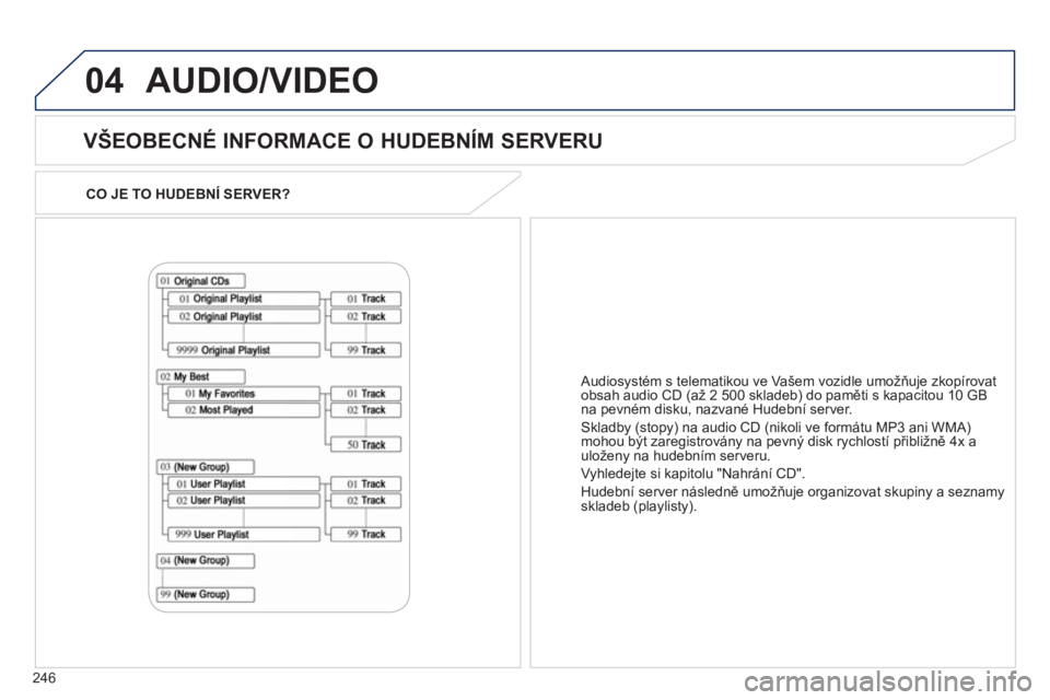 PEUGEOT 4008 2012  Návod na použití (in Czech) 246
04
CO JE TO HUDEBNÍ SERVER?
   
VŠEOBECNÉ INFORMACE O HUDEBNÍM SERVERU 
 
AUDIO/VIDEO
 
 
Audiosystém s telematikou ve Vašem vozidle umožňuje zkop