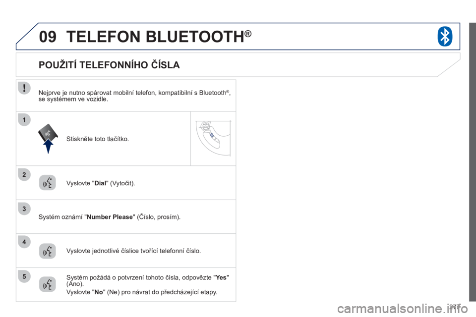 PEUGEOT 4008 2012 Návod na použití (in Czech) 277
09
2
3
1
4
5
TELEFON BLUETOOTH®
Vyslovte " Dial" (Vytočit).
Systém oznámí "Number Please
" (Číslo, prosím).
POUŽITÍ TELEFONNÍHO ČÍSL PEUGEOT 4008 2012 Návod na použití (in Czech) 277
09
2
3
1
4
5
TELEFON BLUETOOTH®
Vyslovte " Dial" (Vytočit).
Systém oznámí "Number Please
" (Číslo, prosím).
POUŽITÍ TELEFONNÍHO ČÍSL