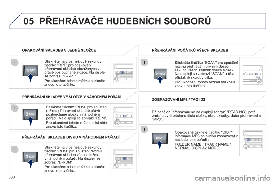PEUGEOT 4008 2012  Návod na použití (in Czech) 300
05
1
1
1
1
1
PŘEHRÁVAČE HUDEBNÍCH SOUBORŮ
OPAKOVÁNÍ SKLADEB V JEDNÉ SLOŽCE
   
Stiskněte na více než dvě sekundy
tlačítko "RPT" pro opakování 
přehr
